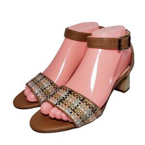 Bettye Muller Women Brown Woven Leather Ankle Strap Heels Sandals Sz 36.5 US 6.5